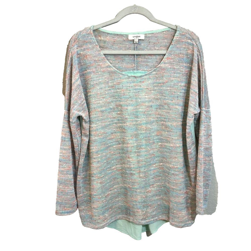 Umgee bright mint green open knit sweater Chiffon Back Light Weight Boutique L